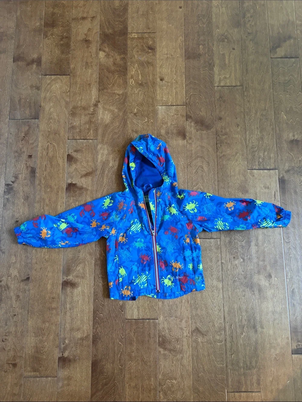 L.L. Bean Kids' Bright Blue Hooded raincoat with Colorful Crab Print